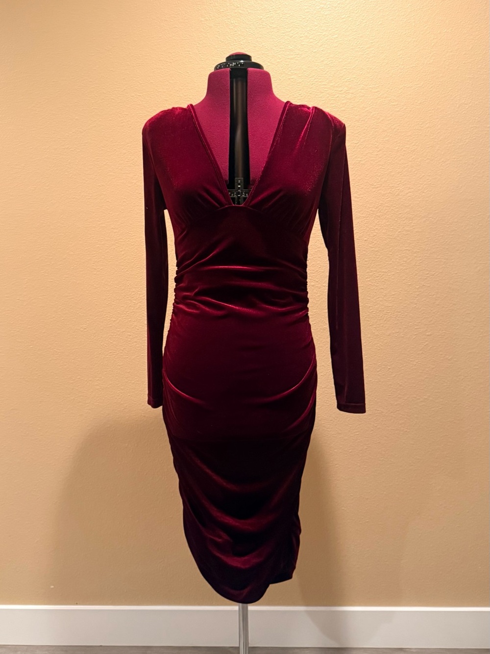 SHEIN Burgundy Velvet Long Sleeve Wrap-Style Dress